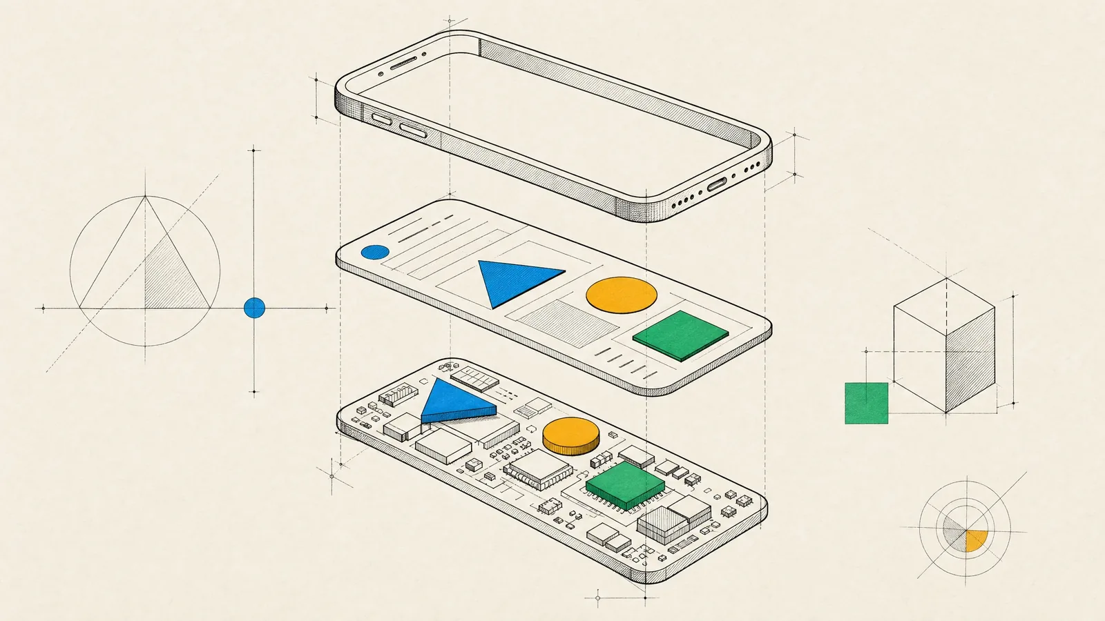 An exploded drawing of a phone split into frame, interface and component layers, the engineering beneath an iOS app.