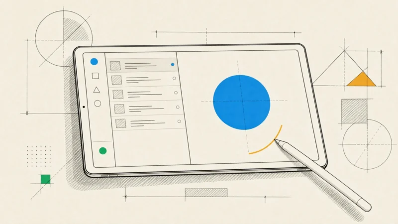 A landscape tablet with a sidebar, list and detail layout, and a stylus drawing an amber arc on the screen.