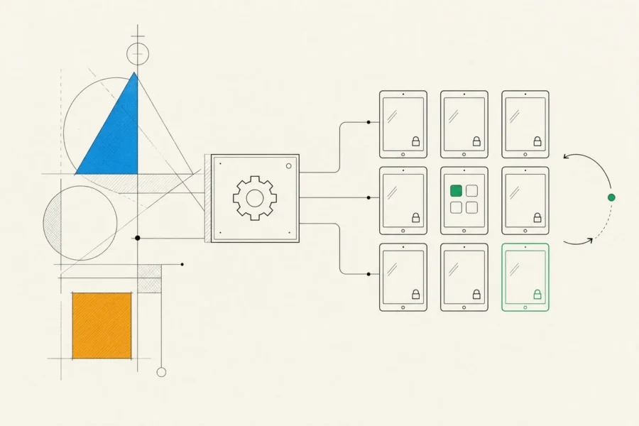A management console sending configuration to a grid of locked tablets, one running a single app, with sync.