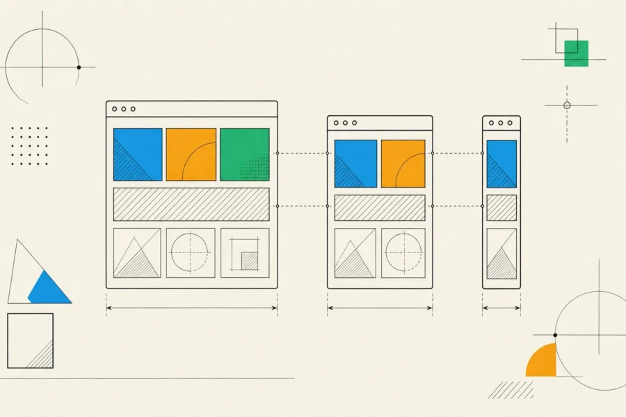 Three windows of decreasing width whose layout collapses from three columns to two and then to one.