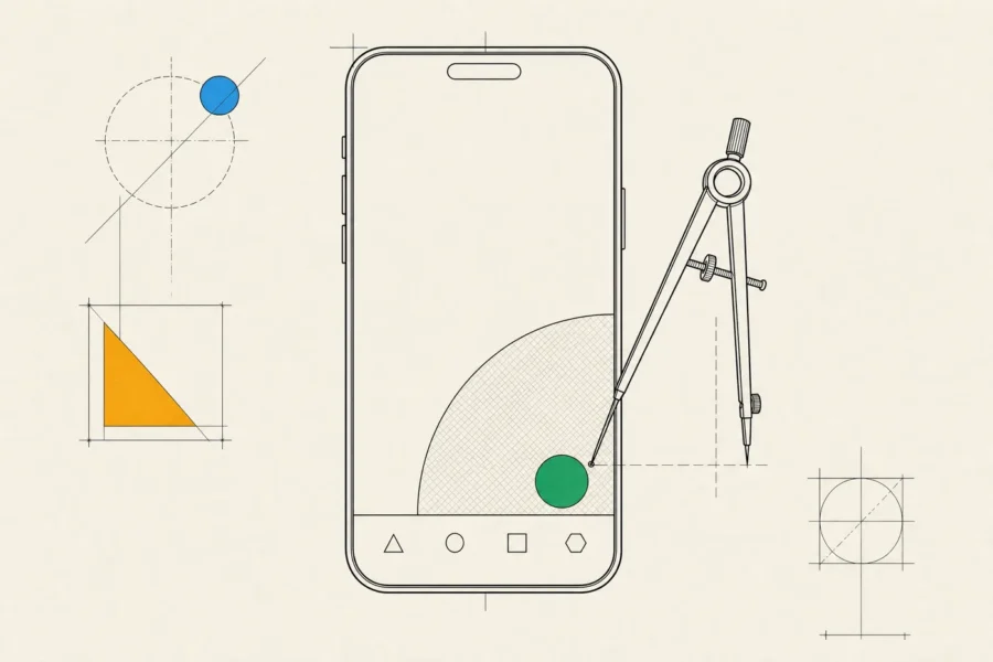 A phone with a thumb-reach arc drawn from its lower corner, placing the primary action within one-handed reach.