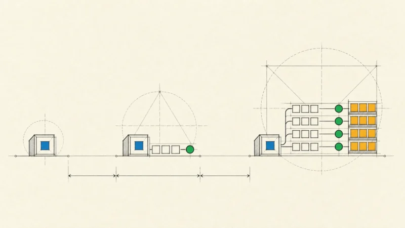 One application drawn at three stages: a single block, then a queue with one worker, then several worker lanes.