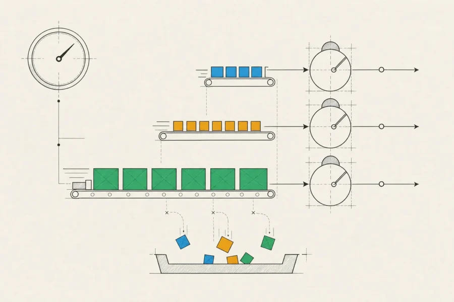 Three queue lanes sorted by urgency feeding workers, failed jobs dropping into a tray, and a gauge watching the waits.