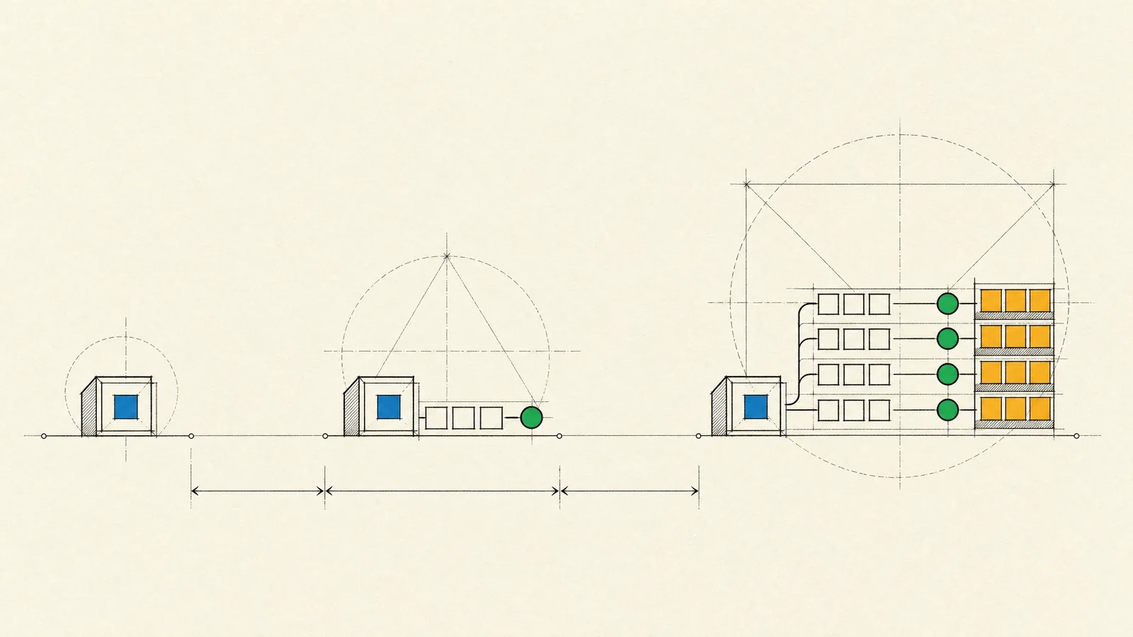 One application drawn at three stages: a single block, then a queue with one worker, then several worker lanes.