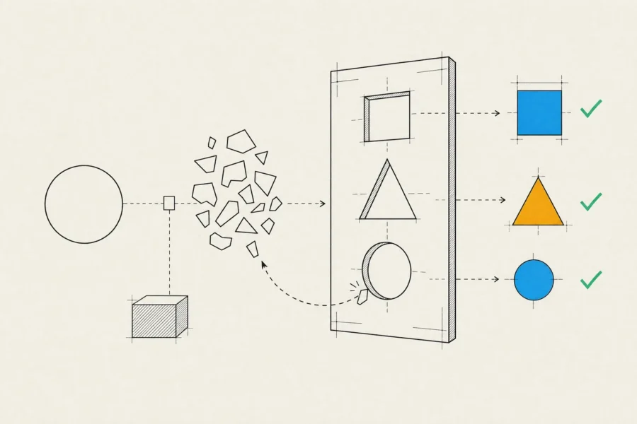 Loose model output pressed through a schema template into validated shapes, with a misfit piece sent back for a retry.