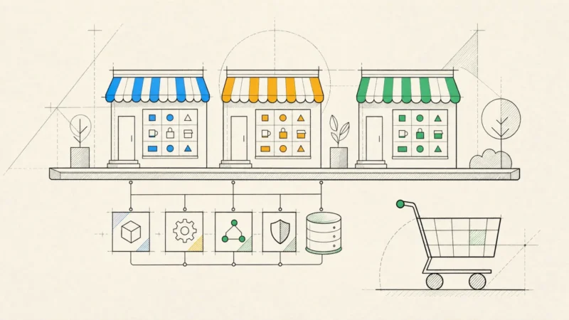 Three storefronts sharing one platform, backed by service blocks and a database, with a shopping cart in front.