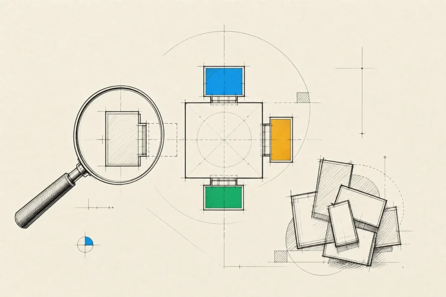 A core module with three reviewed extensions docked, one more under a magnifying glass and a rejected pile set aside.