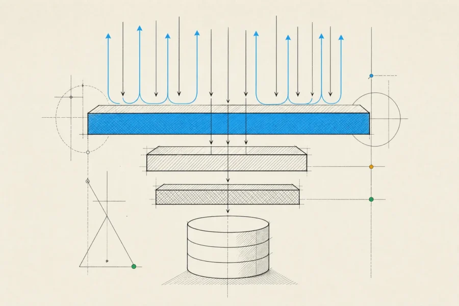 A store's service stack in cross-section, where most requests turn back at the cache layer and few reach the database.