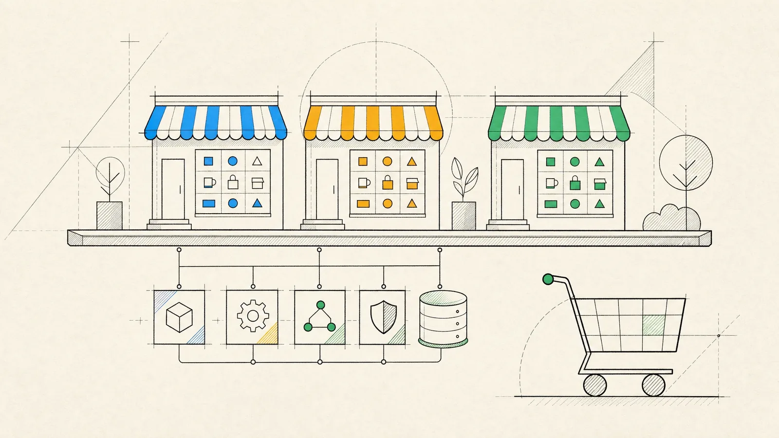 Three storefronts sharing one platform, backed by service blocks and a database, with a shopping cart in front.
