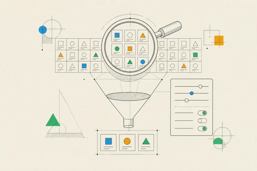A search lens over a product grid and a funnel of filters narrowing it down to three matching items.