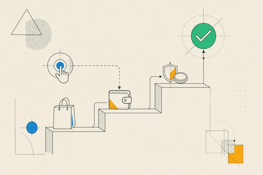 A three-step checkout from bag to wallet to secure token, where a repeated tap still ends in one order.