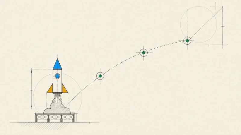 A small geometric rocket lifting off along a dotted trajectory past three checkpoints, a first release launched to learn.
