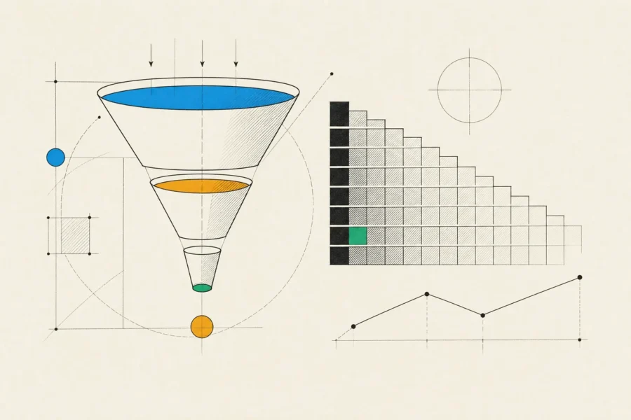 A funnel narrowing through three stages beside a cohort retention grid and a trend line for an early release.