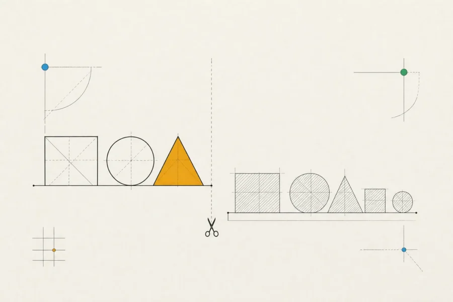 Feature blocks split by a dashed cut line with scissors: a small set kept for the first release, the rest deferred.