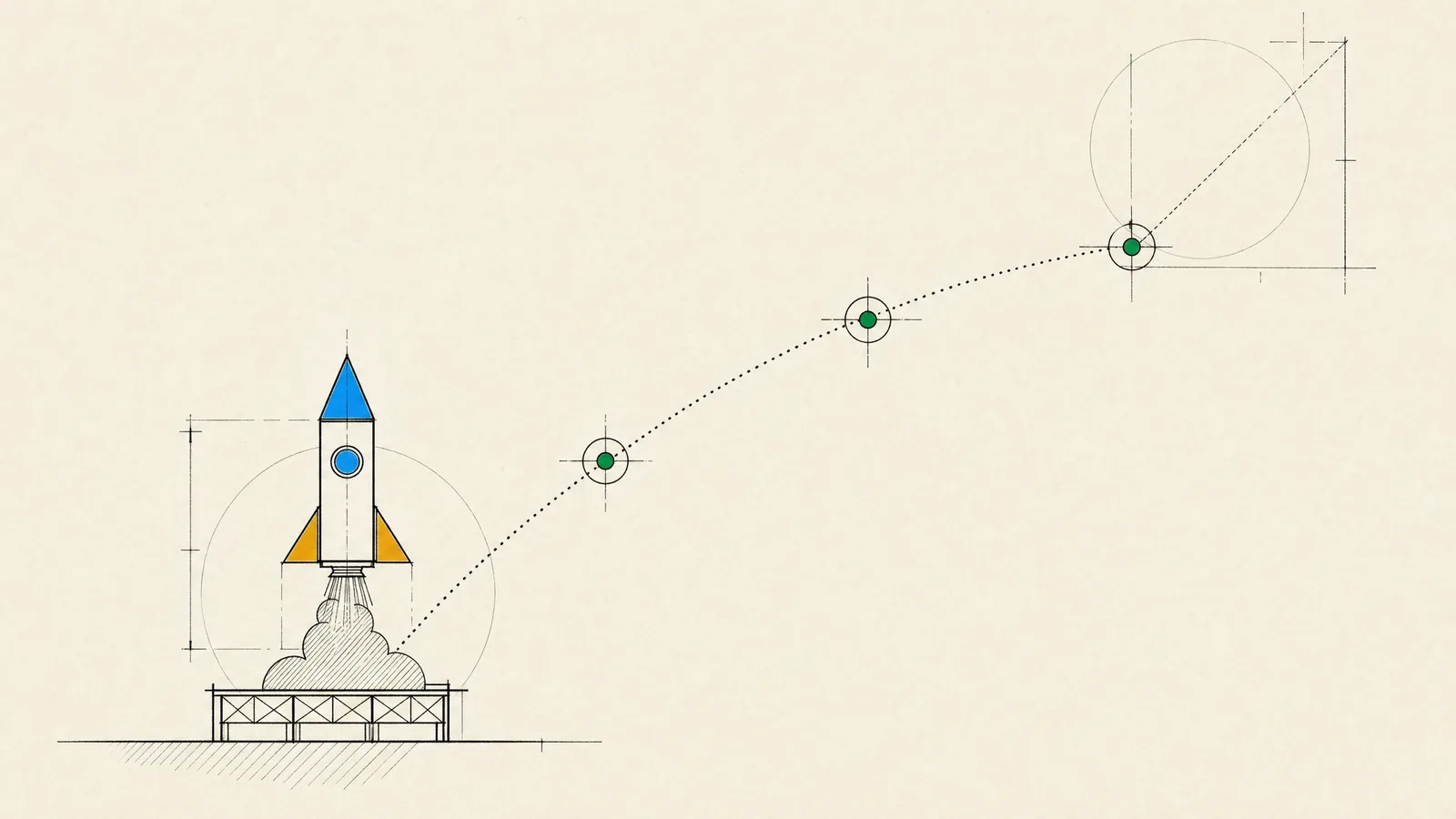 A small geometric rocket lifting off along a dotted trajectory past three checkpoints, a first release launched to learn.
