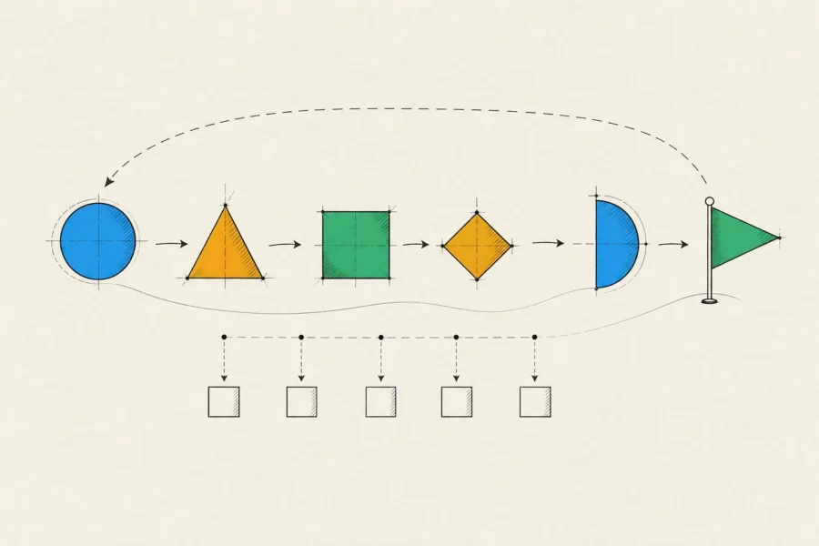 Six stage shapes joined by arrows with a dashed loop back to the start, and a new build after each iteration.