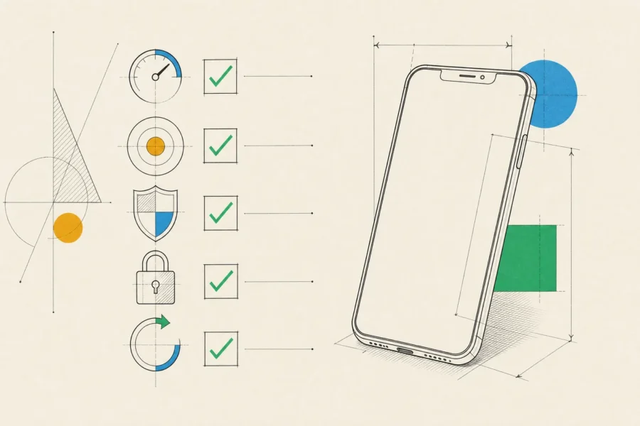 A ticked checklist for speed, accessibility, security, privacy and resilience beside a phone drawn to scale.