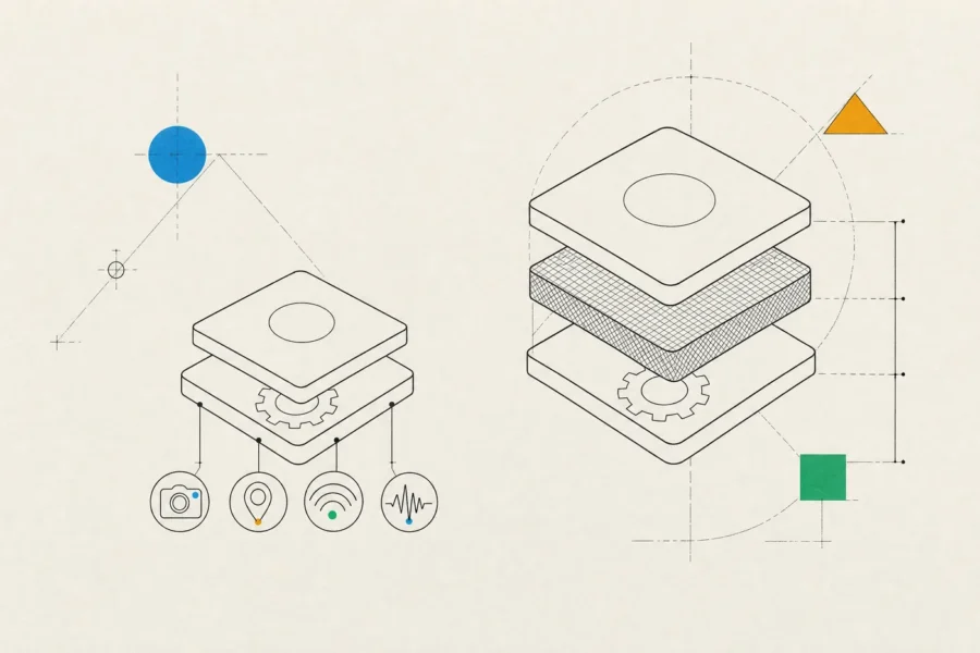 An app slab resting directly on the OS with device features wired in, beside a stack with an extra runtime layer.