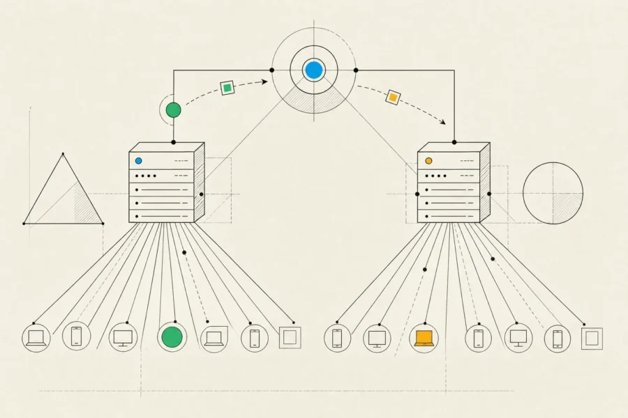 Two servers with many long-lived client connections, linked by a pub/sub hub that relays a message between them.