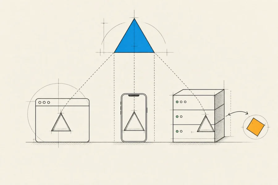 One shared template shape projected into ports on a browser, a phone and a server, with a mismatched token turned away.