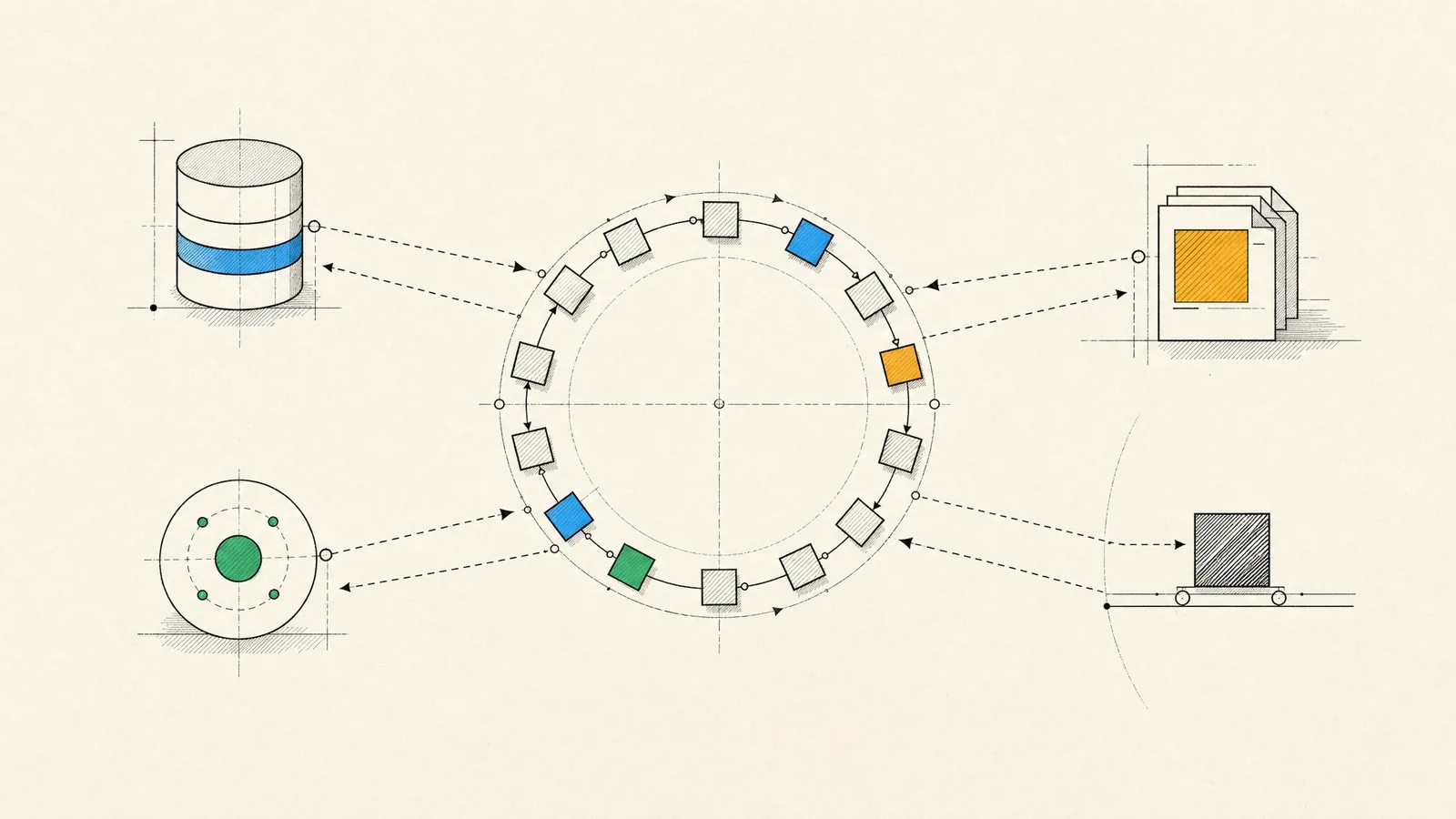 An event loop ring with tasks circling it, I/O resources around it, and one heavy block moved off onto a side track.