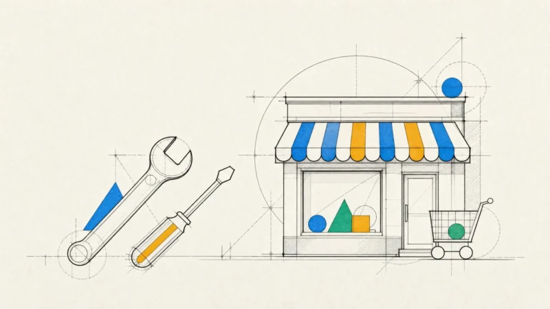 A compact storefront with a shopping cart in front, drafted beside a wrench and a screwdriver ready for tuning.