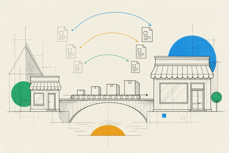 Store data boxes crossing a bridge from a small shop to a larger one, with redirect arrows linking old pages to new.