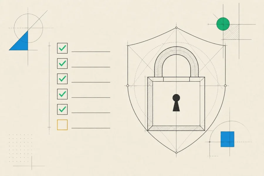 A hardening checklist with most boxes ticked and one still open, beside a padlock set inside a shield outline.