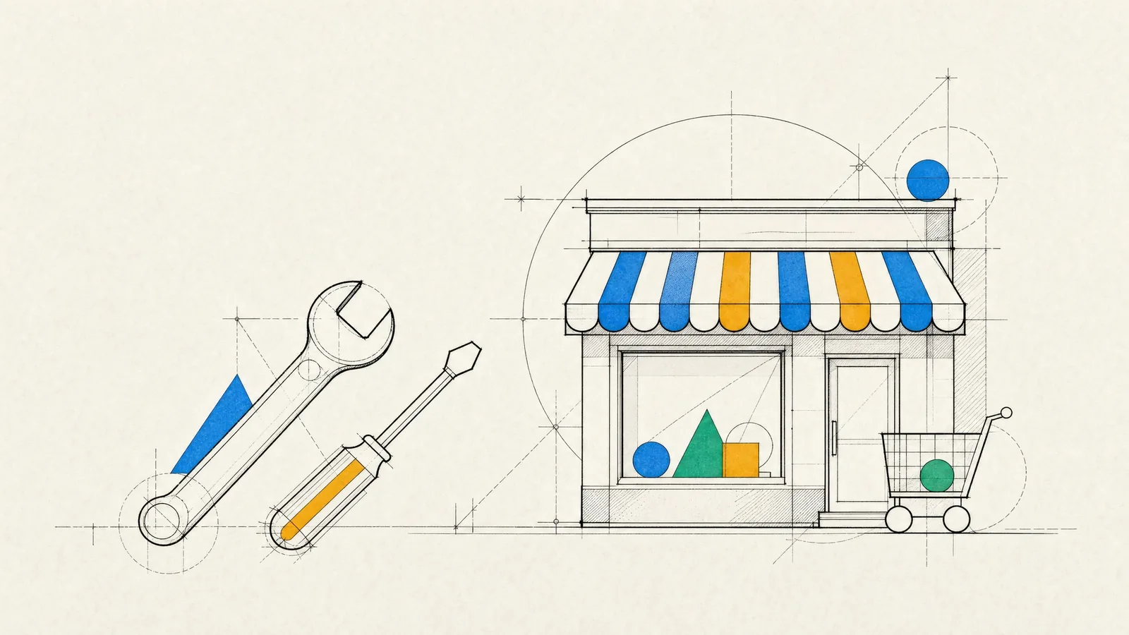 A compact storefront with a shopping cart in front, drafted beside a wrench and a screwdriver ready for tuning.