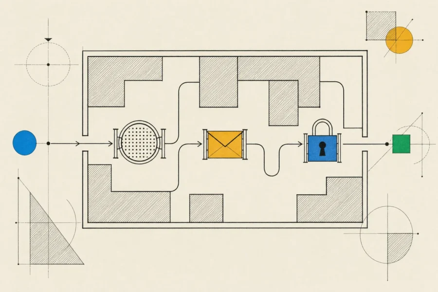 A request path through a maze where every wrong turn is walled off, passing a sieve, a sealed envelope and a lock.