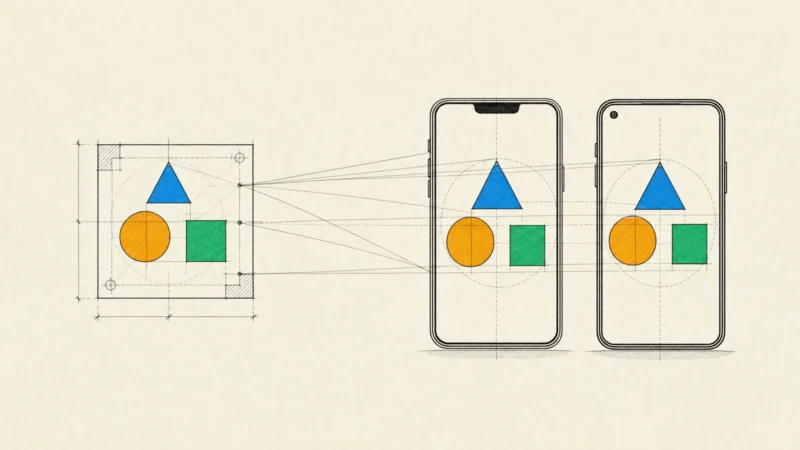 One blueprint projected into two phone outlines with identical screens, as one React Native codebase builds both apps.