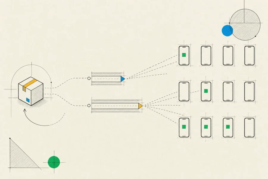 An update package rolling out through test and production channels, reaching only some phones, with a rollback path.