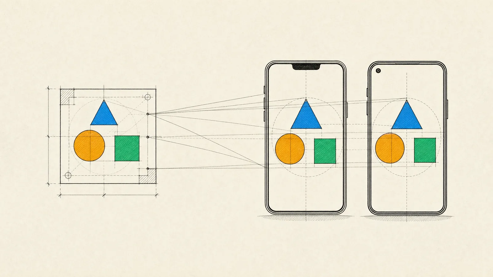One blueprint projected into two phone outlines with identical screens, as one React Native codebase builds both apps.