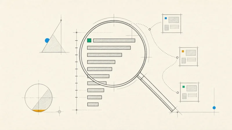 Search results drawn as ranked bars under a magnifying glass, with a dotted crawler path linking pages behind them.
