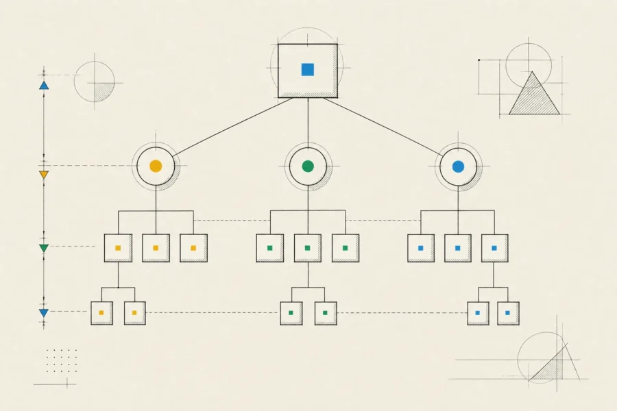 A site structure tree from a home page through three hubs to clusters of pages, with depth levels marked on the side.
