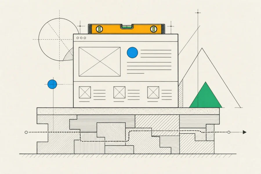 A web page resting level on a foundation of interlocking hatched blocks, with a dotted crawler path running through it.