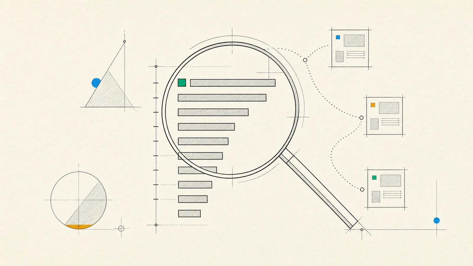 Search results drawn as ranked bars under a magnifying glass, with a dotted crawler path linking pages behind them.