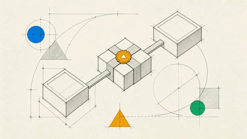 A chain of linked blocks, the middle one bound with bands and closed by a seal, like a deployed contract.