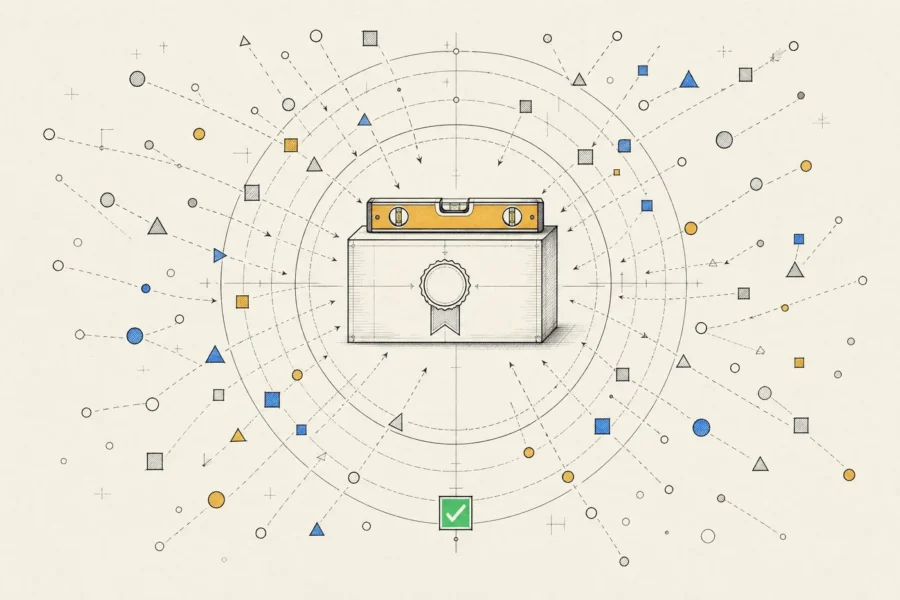A sealed contract hit by random inputs from every side while a level on top stays true, ringed by layers of tests.