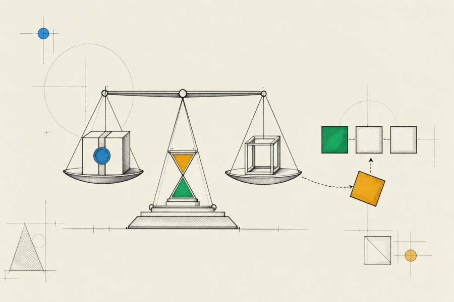 A balance weighing a sealed immutable contract against a proxy with swappable implementations, a timelock at its pivot.