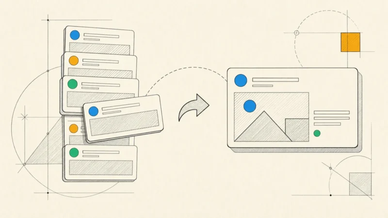 A social feed of stacked post cards, with one card lifted out by a share arrow and shown as a larger link preview.