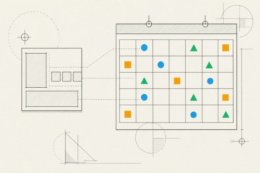 One large content piece split into several native post formats, each guided into its slot on a content calendar.