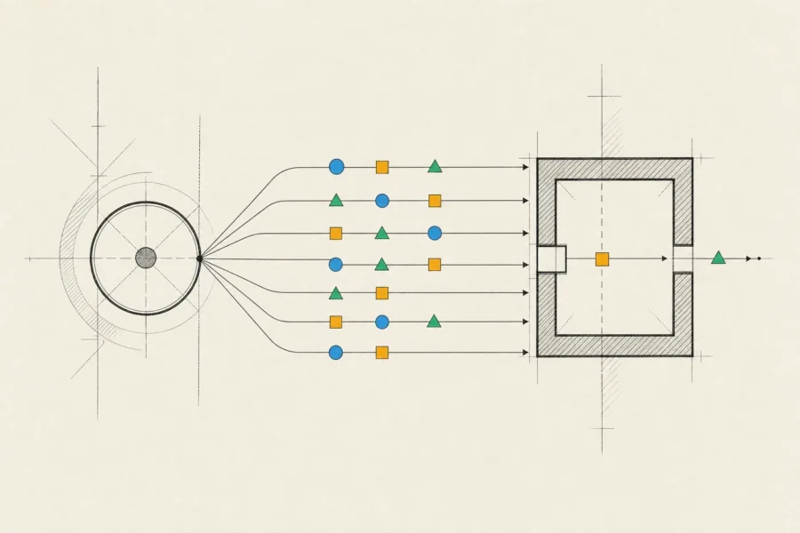 Task lines branching from one parent and entering an isolated chamber one at a time, like work reaching a Swift actor.