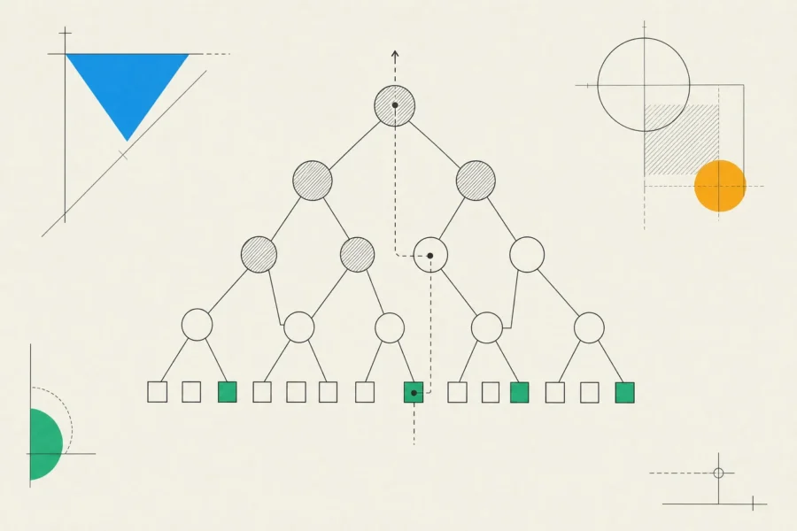 A dependency tree converted from the leaves upward, with old hatched nodes at the top and new squares at the bottom.