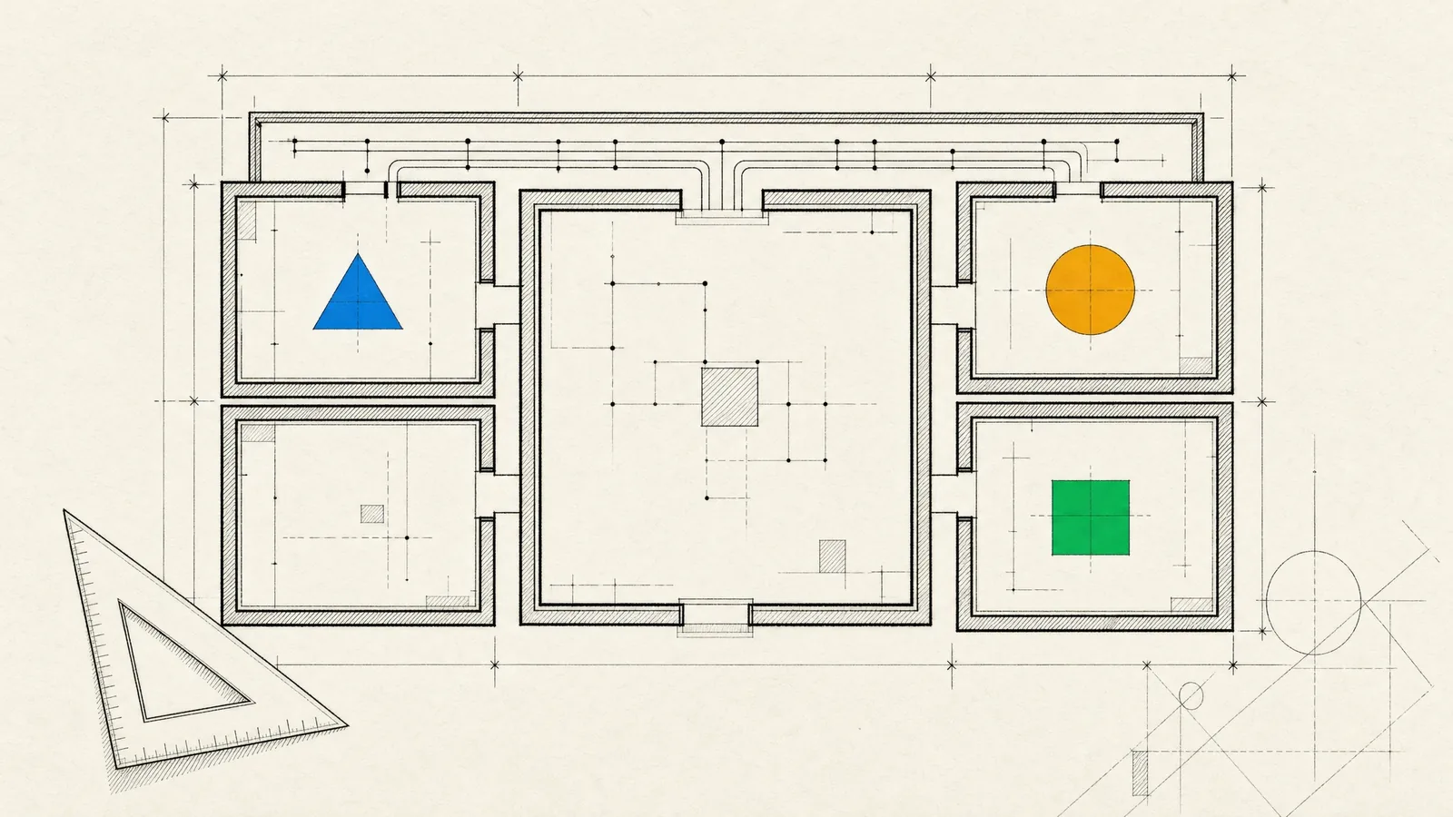 A floor plan of well-bounded rooms joined by narrow doorways, picturing a Swift codebase split into clear modules.
