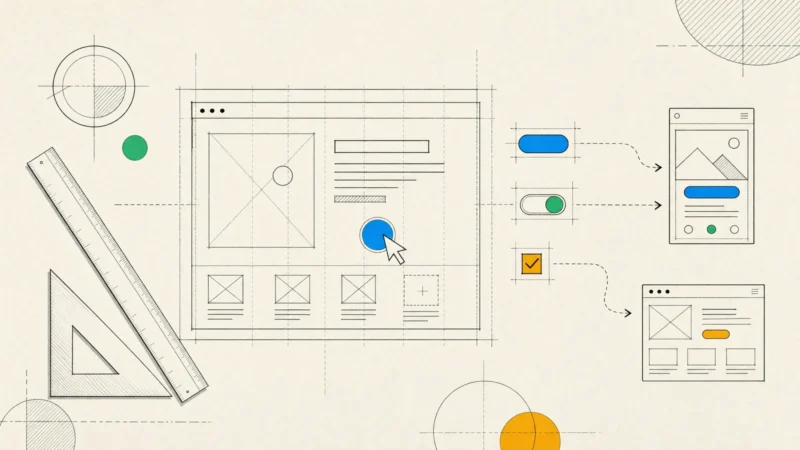 A wireframe screen on a layout grid, with a cursor on a button, component swatches and arrows to smaller screens.