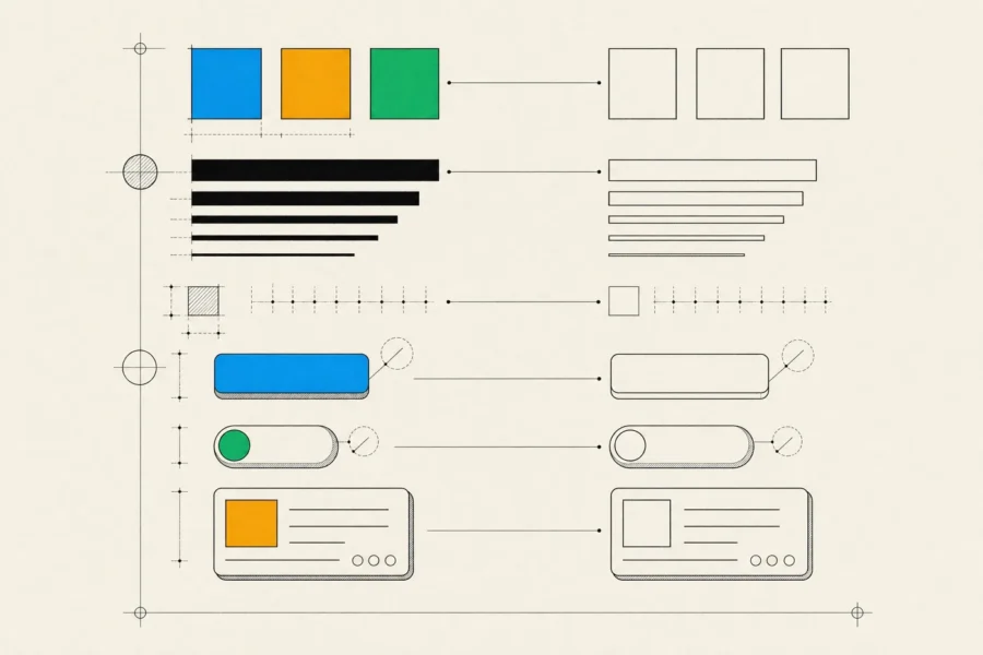 Design tokens and components on a specimen sheet, each linked to a matching outline to show design and code in sync.