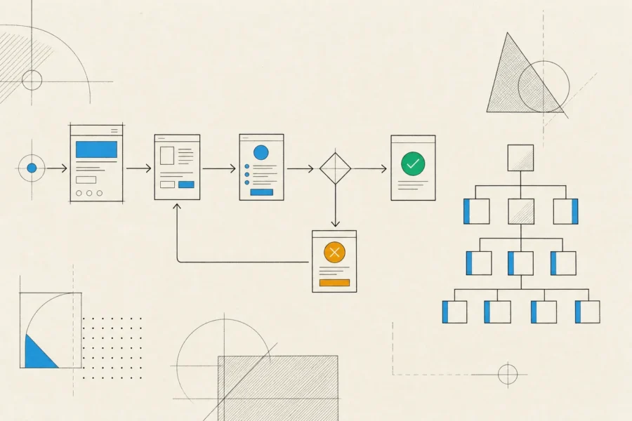 A user flow with a decision point, one path ending in success and one looping back from an error, beside a navigation tree.
