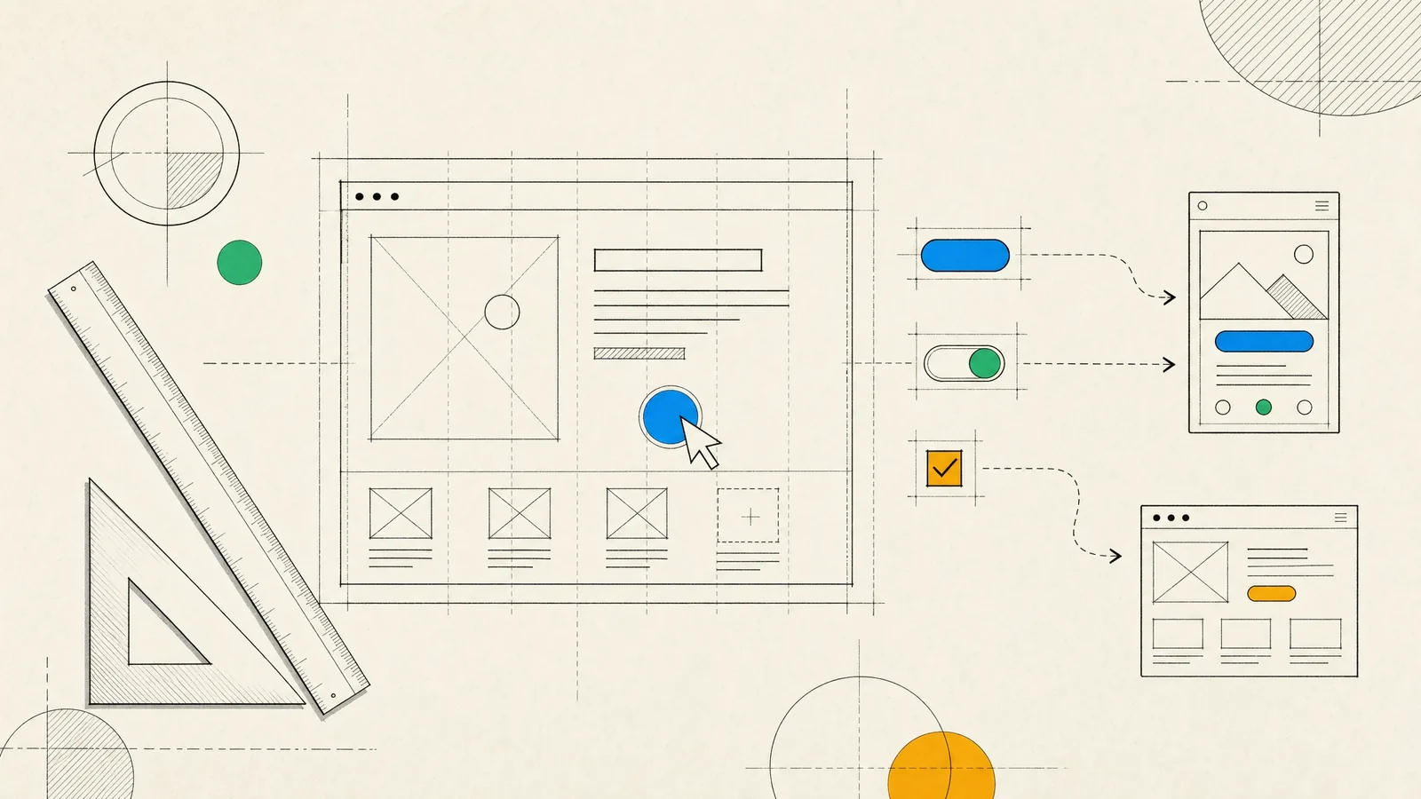 A wireframe screen on a layout grid, with a cursor on a button, component swatches and arrows to smaller screens.
