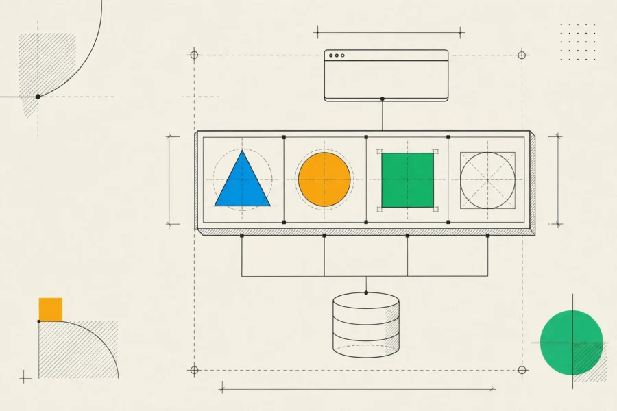 A modular monolith diagram: one application split into four bounded modules, linked to a browser above and a database below.